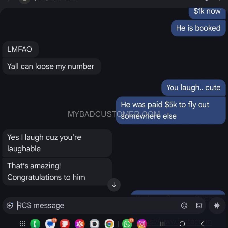 Screenshot showing Nadya Yurawecz threatening negative review after price quote